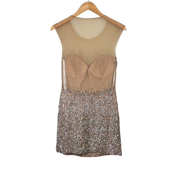 Terani Couture NEW Tan Sheer Mesh Rhinestone Sequin Beaded Mini Formal Dress - Picture 9 of 16